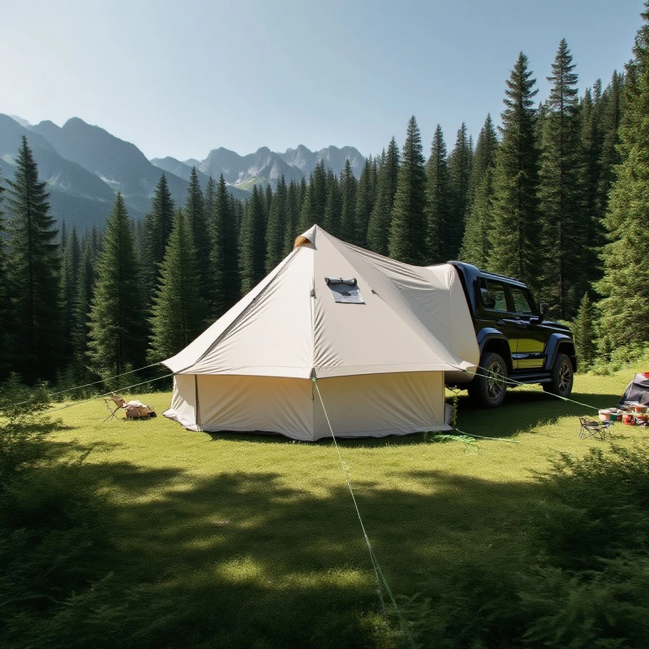 Tente coffre voiture camping avec cheminée pour poêle - 6/8 personnes