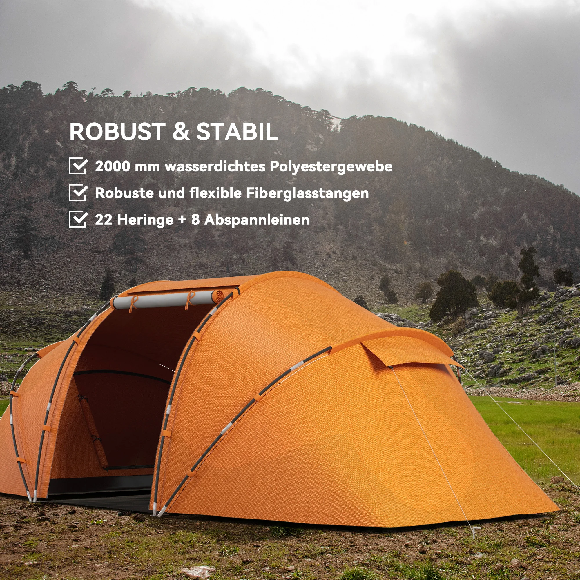 Tente tunnel étanche 2/4 personnes, 430l x 240L x 170Hcm Orange – Image 3