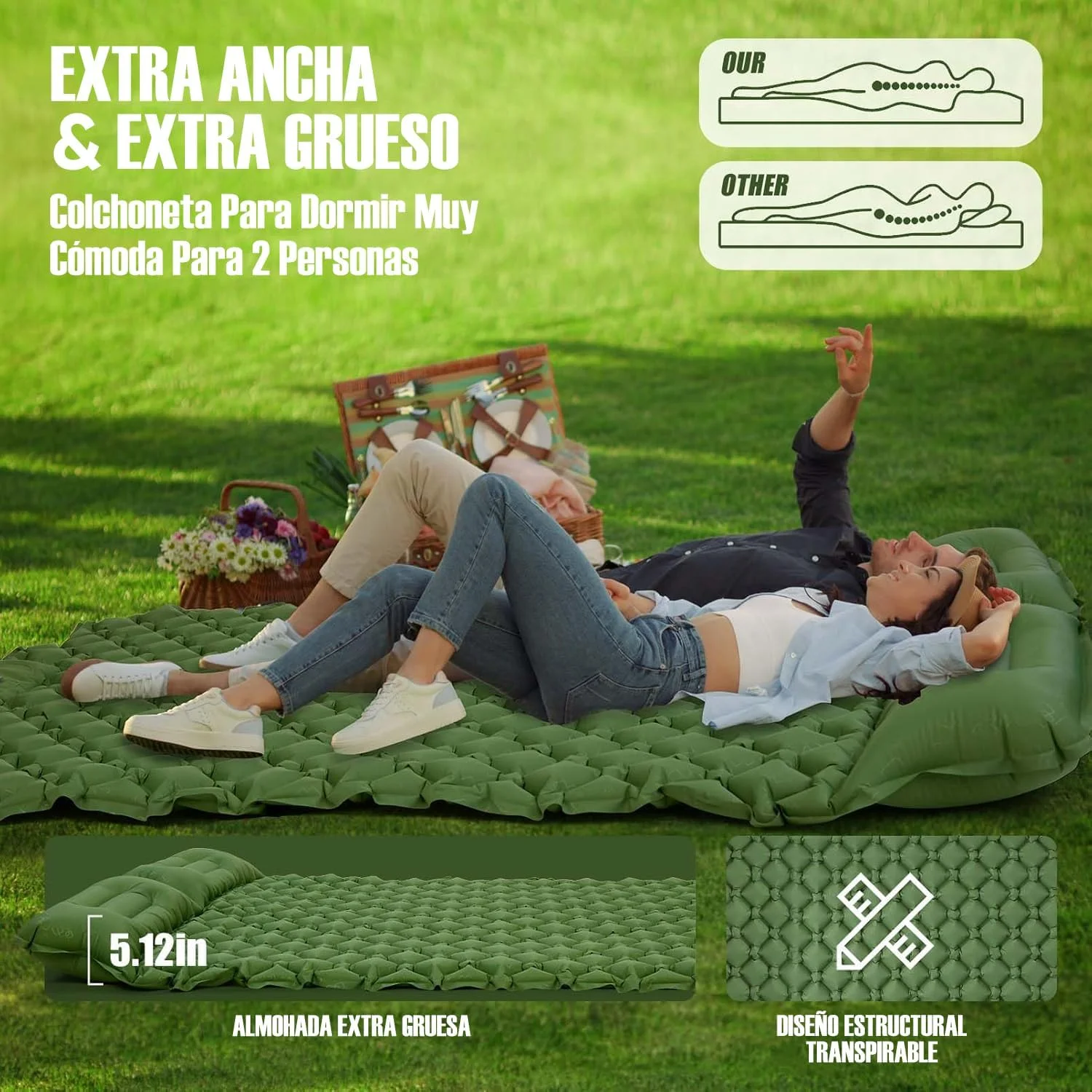 Matelas autogonflant ultraléger double extra large camping – Image 3