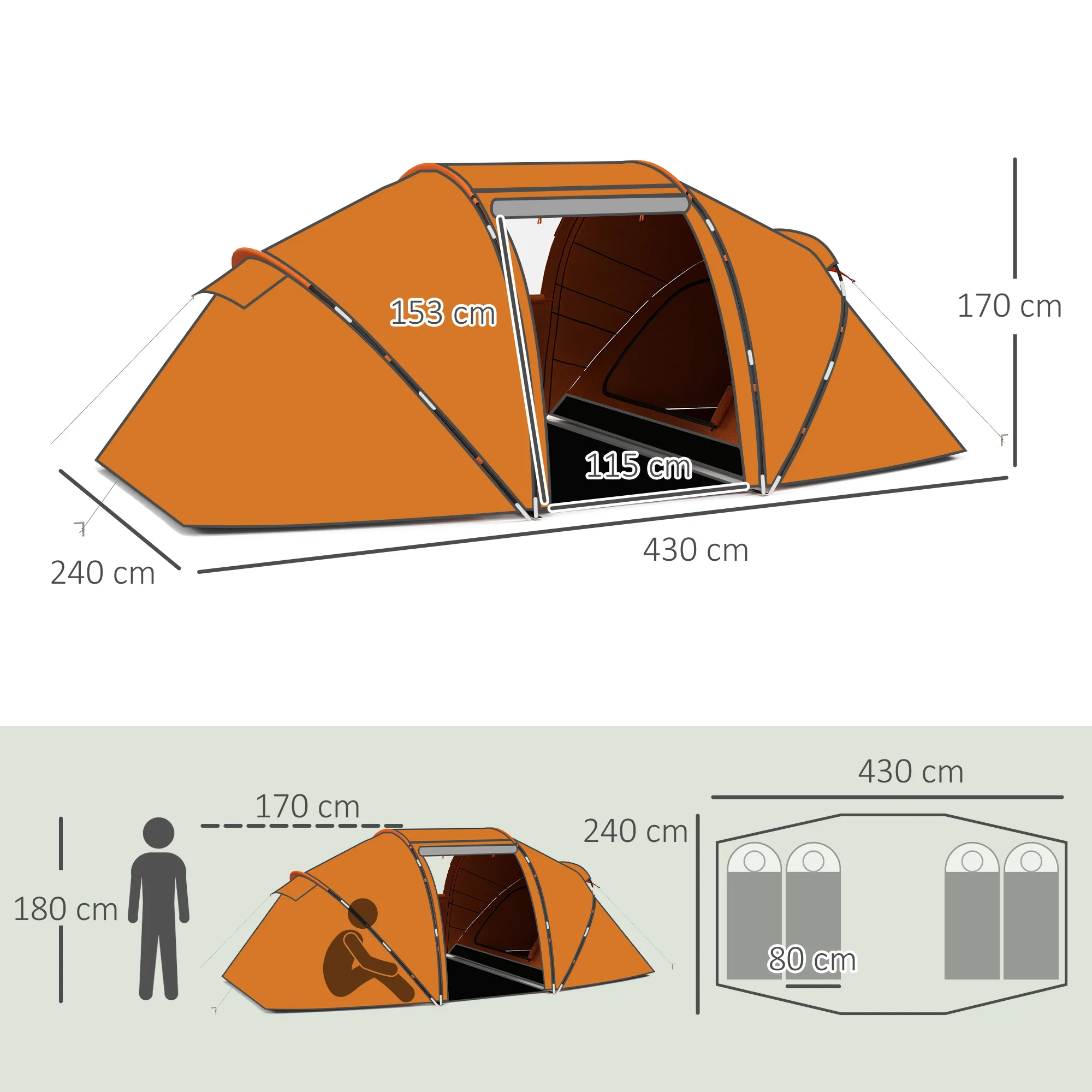 Tente tunnel étanche 2/4 personnes, 430l x 240L x 170Hcm Orange – Image 8