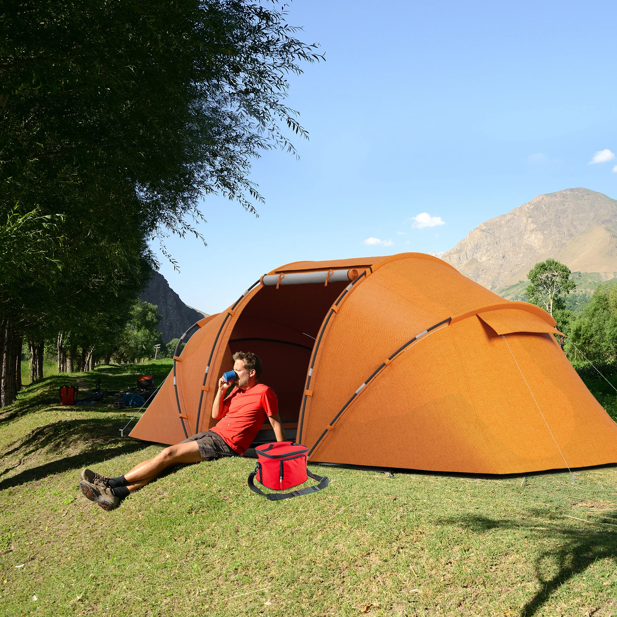 Tente tunnel étanche 2/4 personnes, 430l x 240L x 170Hcm Orange