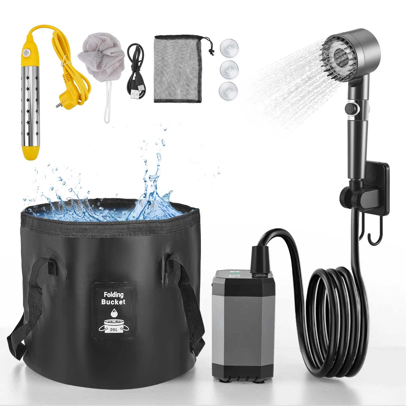 Douche de camping portable pompe rechargeable (Sac pliable de 20 L pour voyage, camping, jardin, voiture)