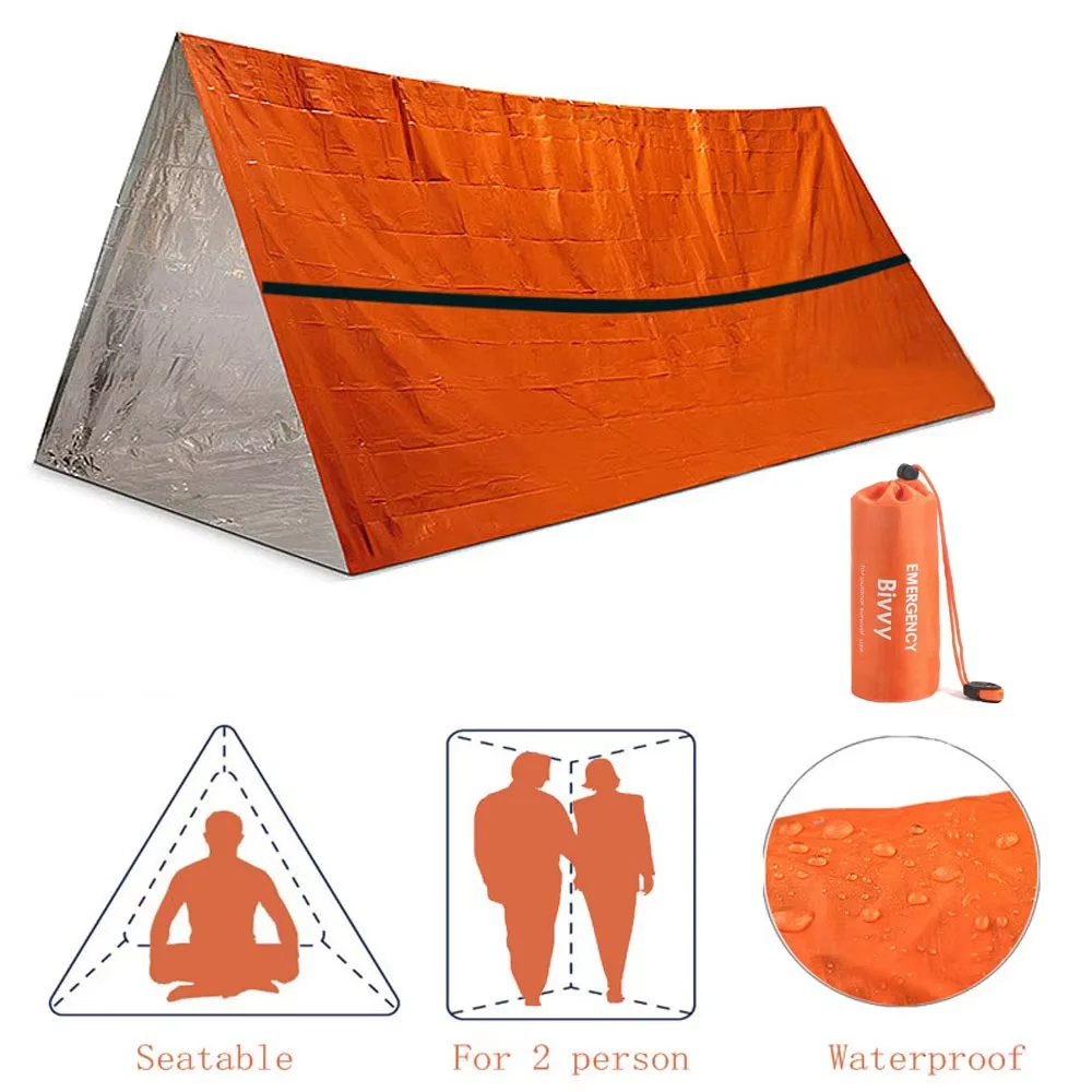 tente survie bivouac, abri d'urgence 1/2 personnes, sac de couchage, couverture thermique imperméable – Image 3