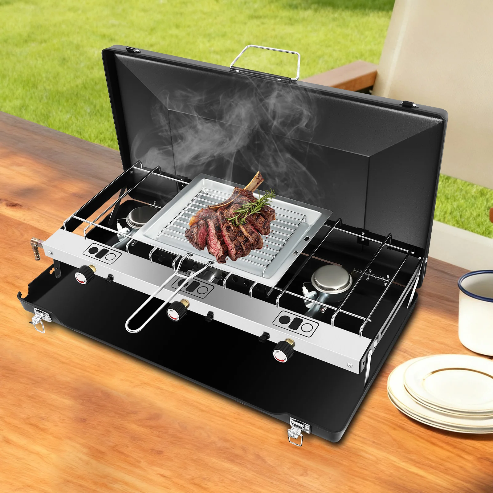 Réchaud gaz port camping, réchaud portable, 3 flammes, réchaud de camping adapté pour le camping, les barbecues, les fêtes, les pique-niques et les randonnées en plein air