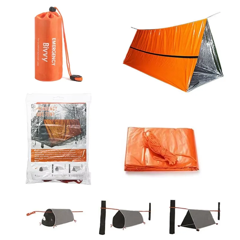 tente survie bivouac, abri d'urgence 1/2 personnes, sac de couchage, couverture thermique imperméable
