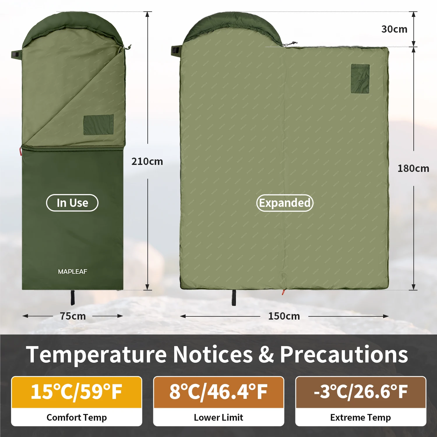Sac de couchage enveloppe imperméable léger en feuille d'érable 15/5°C 3 saison – Image 4