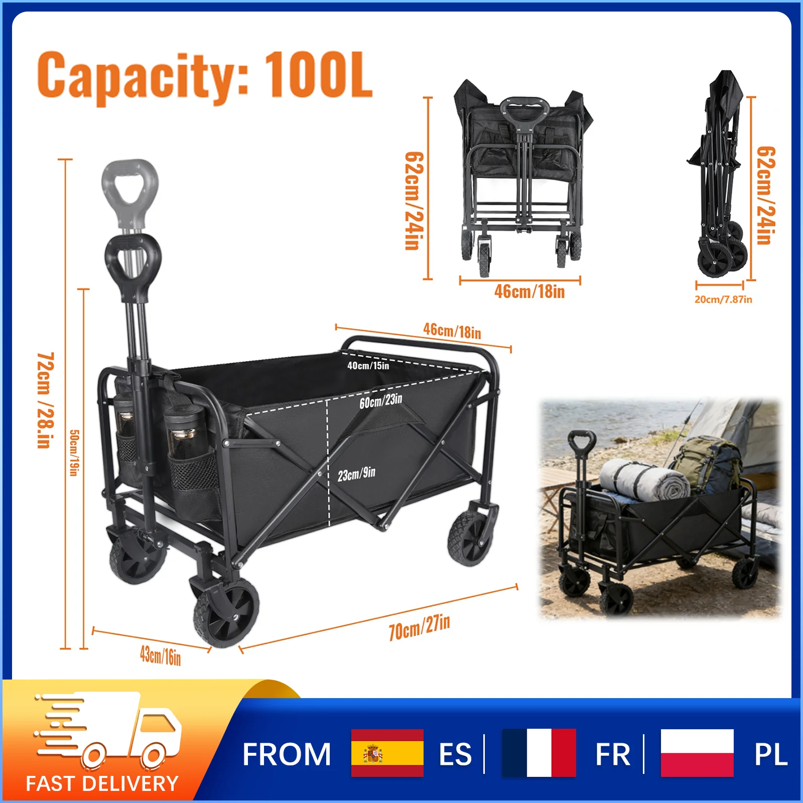Chariot pliable portable, cadre en acier, idéale pour le transport facile tissu Oxford résistant aux déchirures – Image 2
