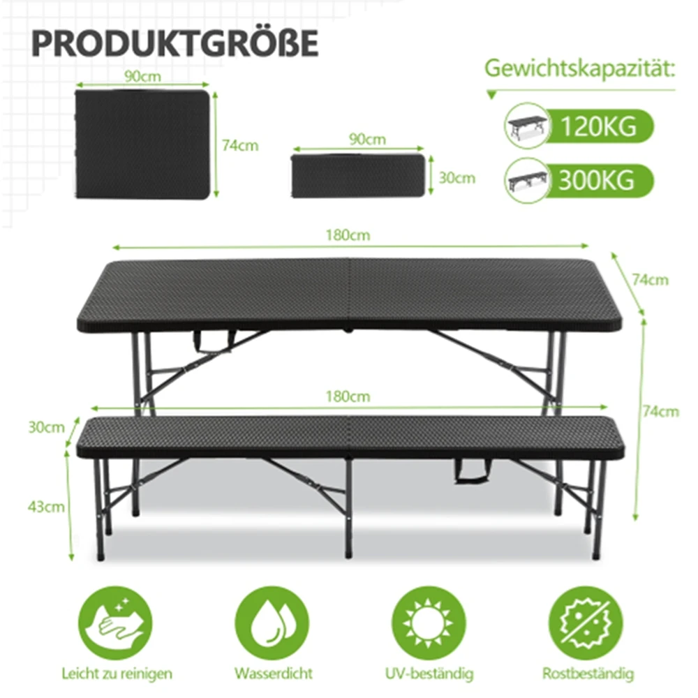 Table de pique-nique pliante de 1,80 m avec 2 bancs – Image 2