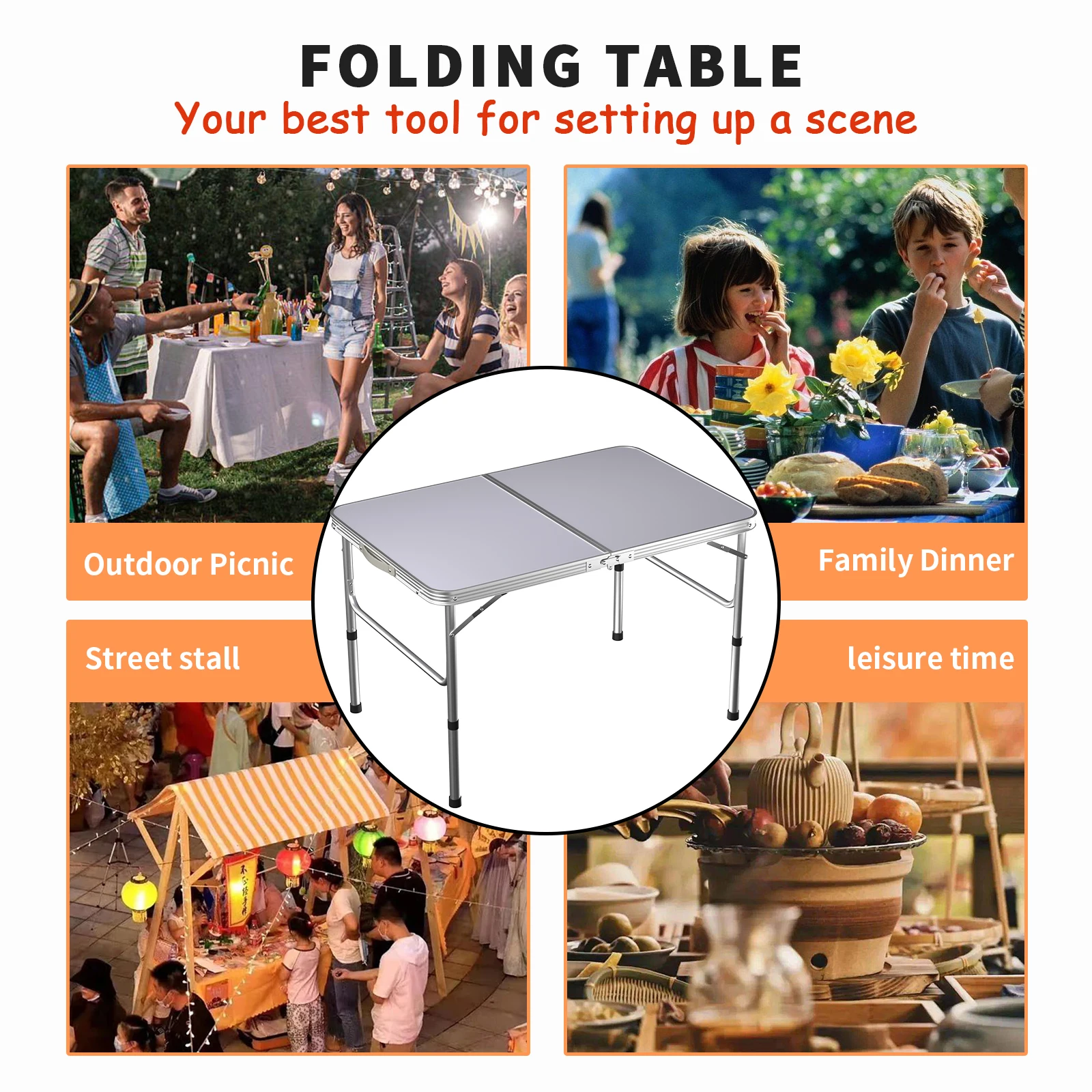 Table de camping légère portable de 90 cm, pieds en caoutchouc antidérapants, aluminium – Image 5