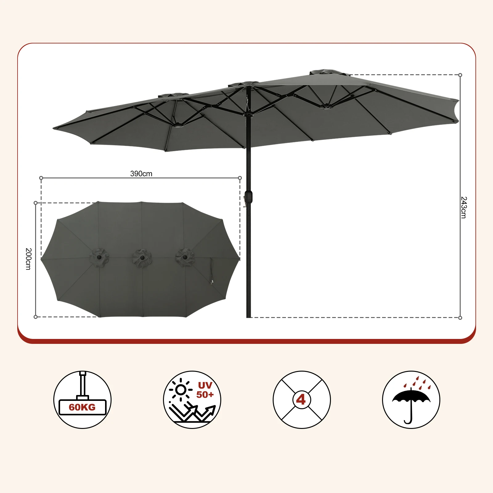 parasol triple spatieux protection solaire, UPF 50+ avec manivelle 390 x 200/450 x 267 cm EUGAD – Image 8