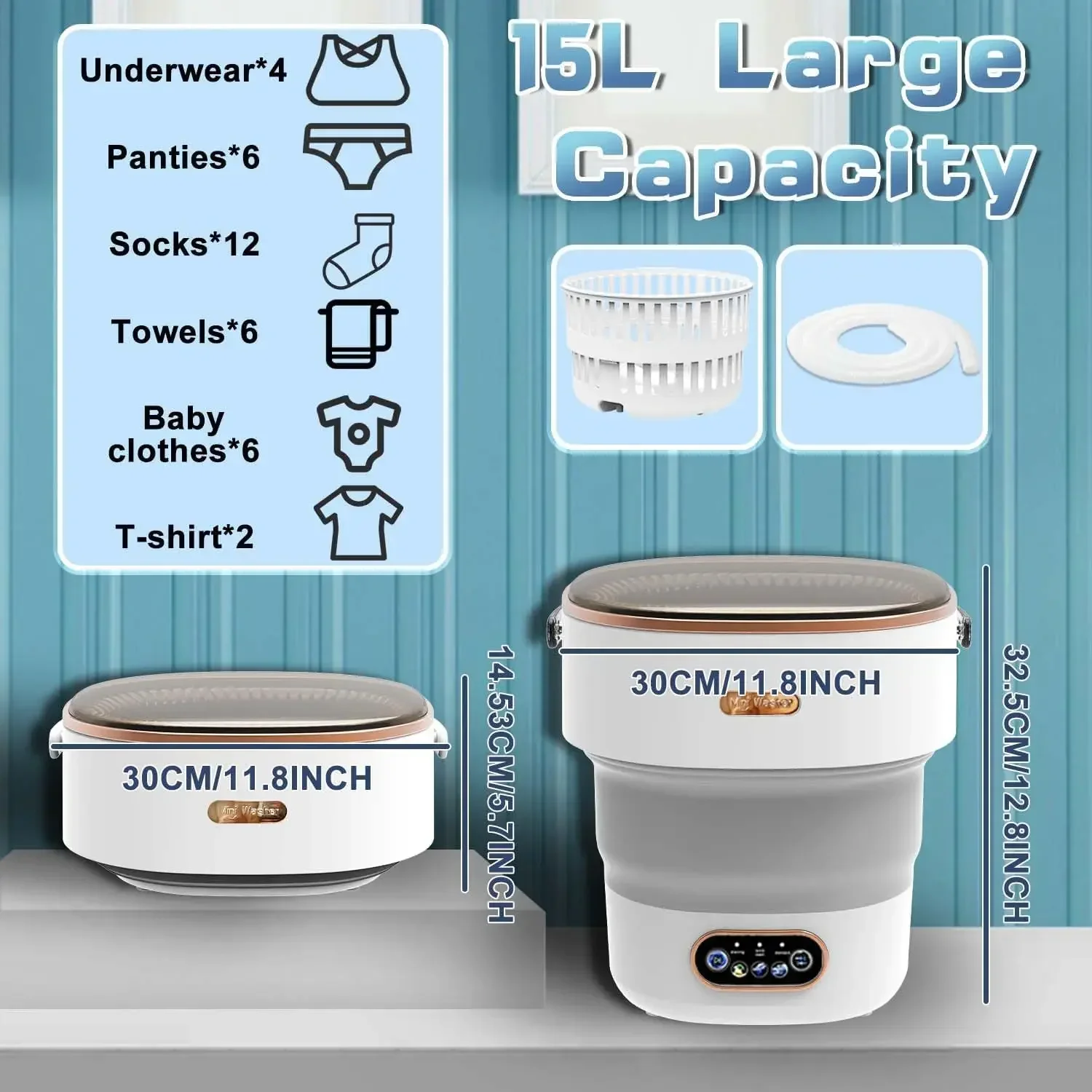 Machine à Laver/essore linge portable et pliable de 15 L, avec rotation idéal pour sous-vêtements – Image 3
