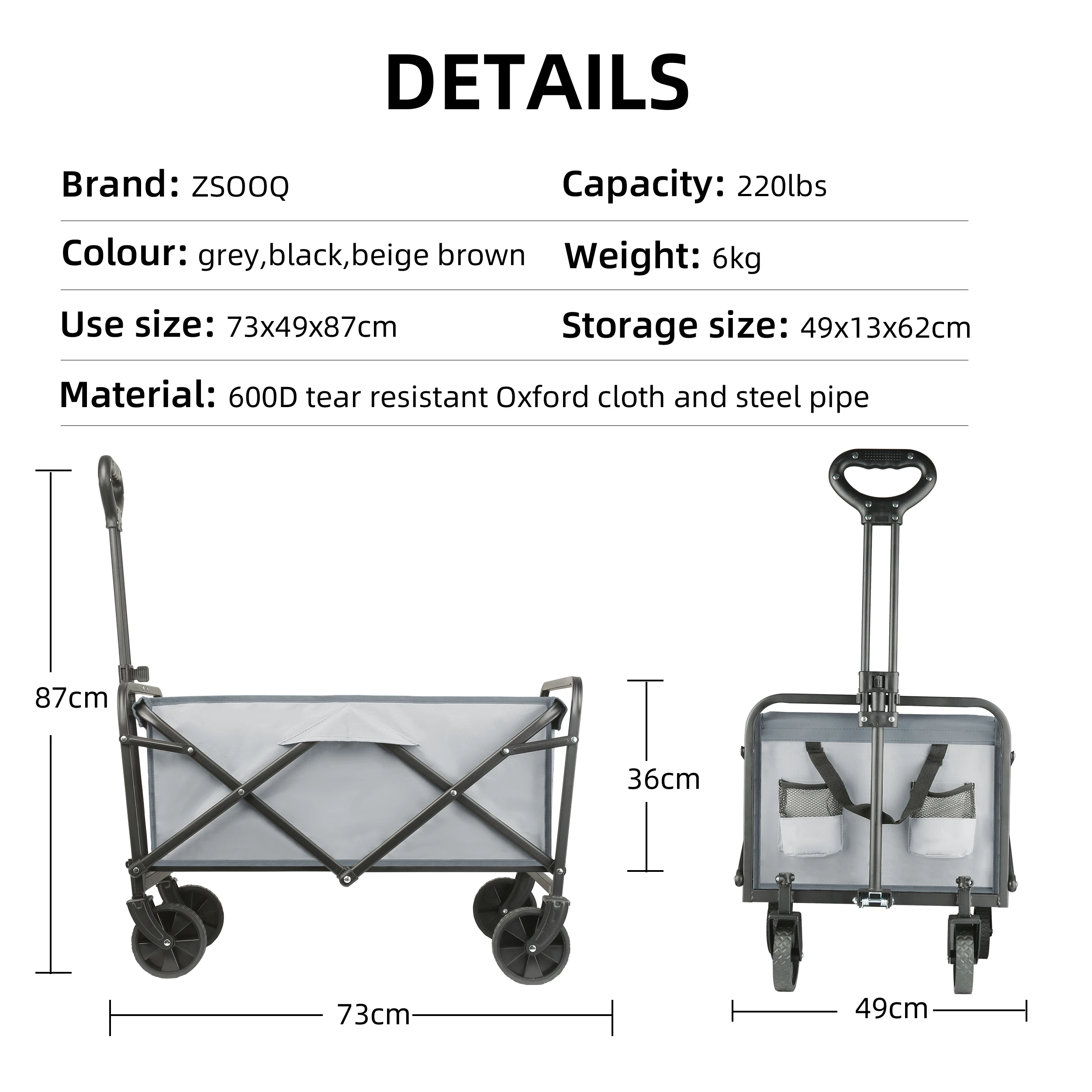 chariot pliable robuste de grande capacité, camping, achats, l'équipement extenssible à l'arrière – Image 3
