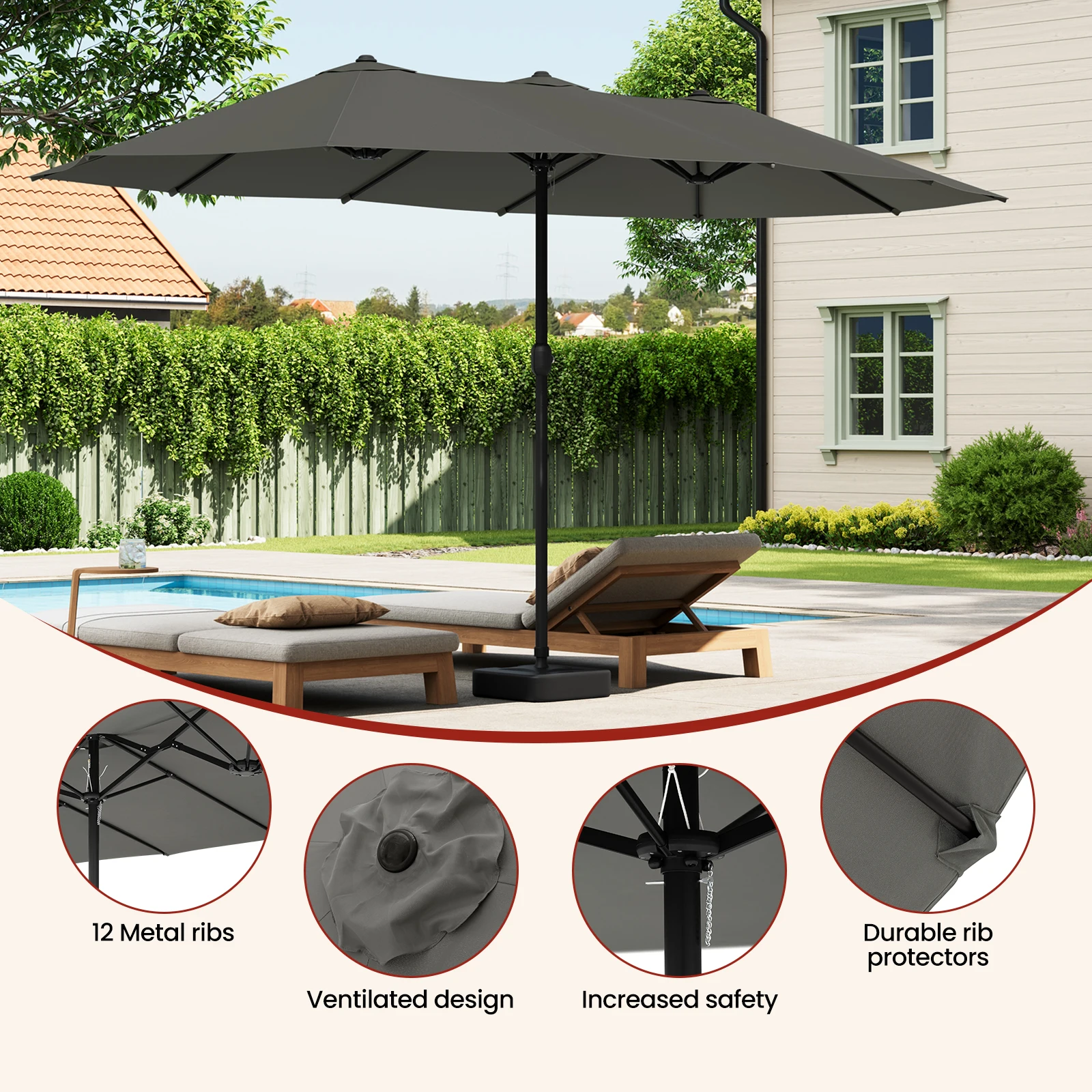 parasol triple spatieux protection solaire, UPF 50+ avec manivelle 390 x 200/450 x 267 cm EUGAD – Image 4