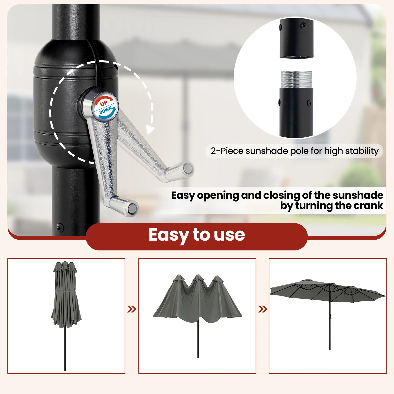parasol triple spatieux protection solaire, UPF 50+ avec manivelle 390 x 200/450 x 267 cm EUGAD – Image 3