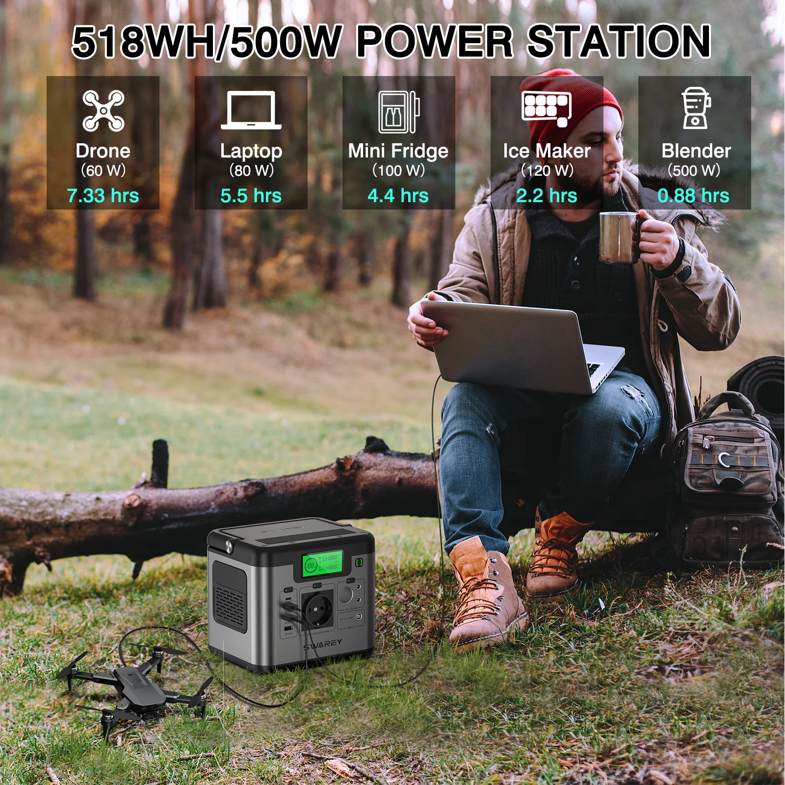 Générateur solaire 518 Wh Centrale électrique SWAREY S500 Pro 500 W (1 000 W de crête) avec panneau solaire 100 W – Image 3