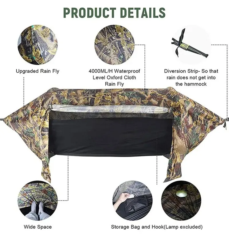 Hamac tunnel 3 en 1 anti-moustiques imperméable - Tente d'appoint entre arbre pour camping en solo, protection légère 200kg – Image 5