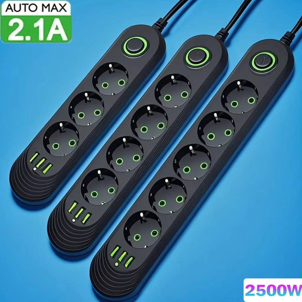 Rallonge multiprise EU 2 500 W, filtre réseau EU avec ports USB