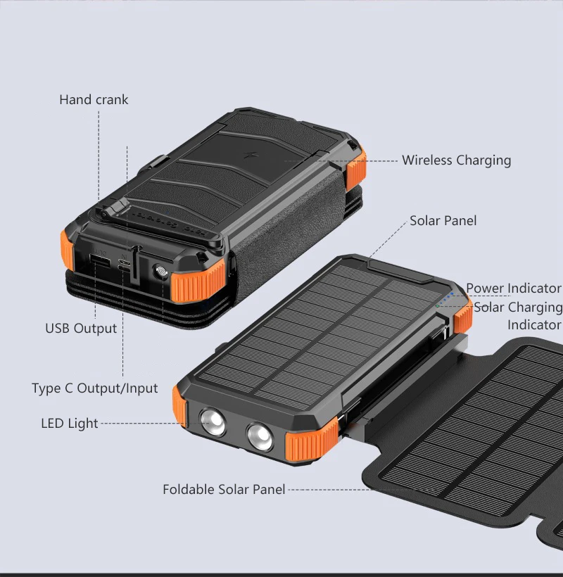 batterie/chargeur rapide solaire sans fil 20000mAh (6 panneaux solaires) manivelle – Image 23