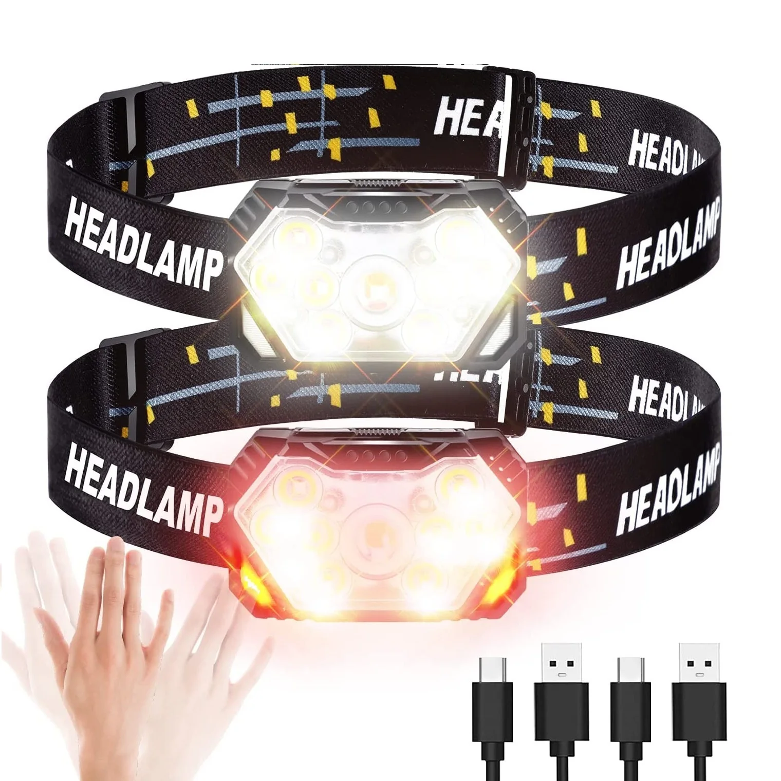Lampe frontale à 9 LED puissante, rechargeable par USB, capteur de mouvement