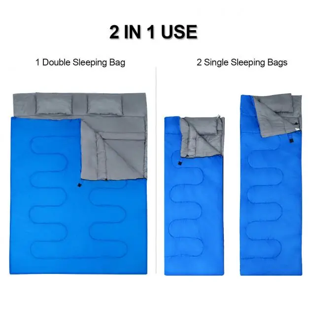 Sac de couchage double 2 en 1 convertible en 2 simples,avec oreillers et sac de transport – Image 5