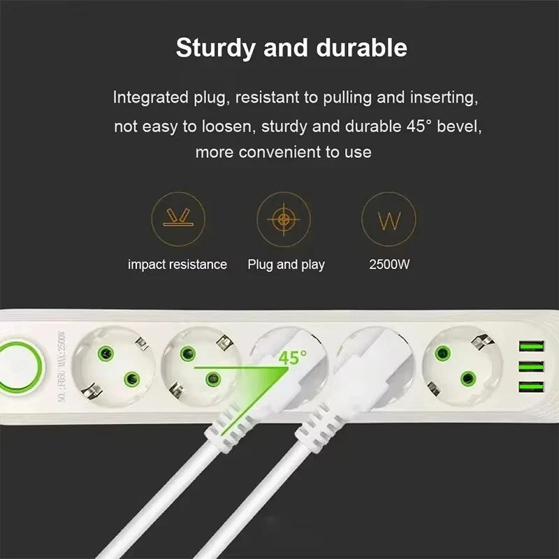 Rallonge multiprise EU 2 500 W, filtre réseau EU avec ports USB – Image 3