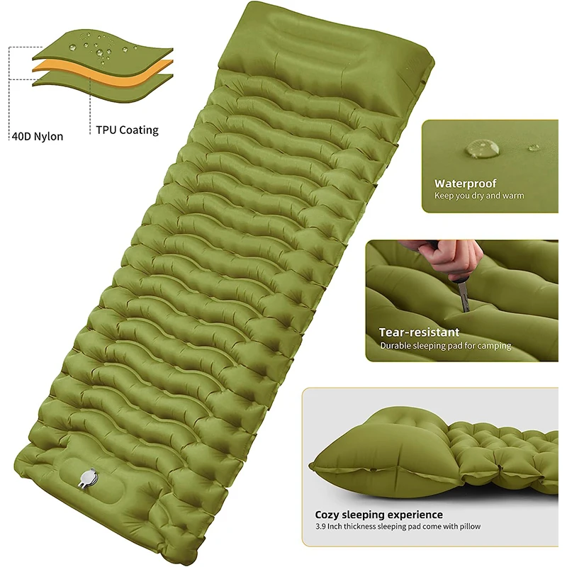 Matelas gonflable de camping épais avec oreiller intégré à pompe – Image 4
