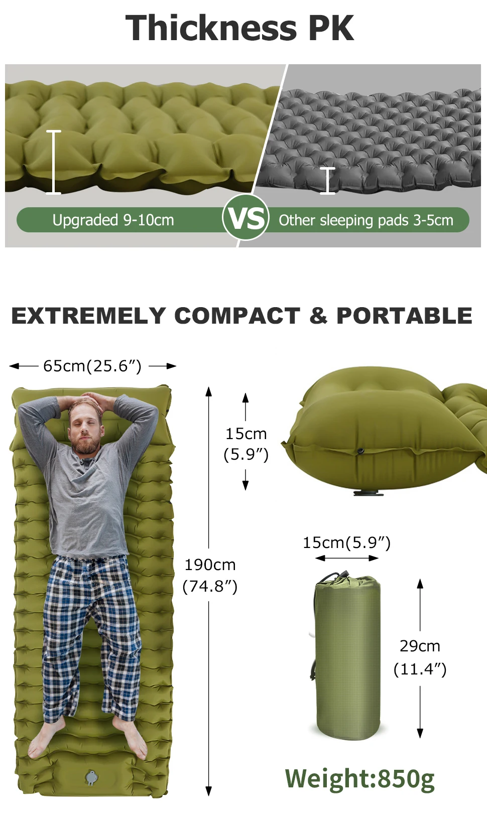 Matelas gonflable de camping épais avec oreiller intégré à pompe – Image 14