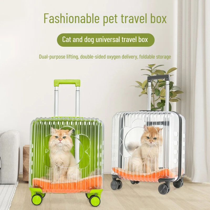 Valise/caisse de transparent chat/chien à roulettes avec poignées,
