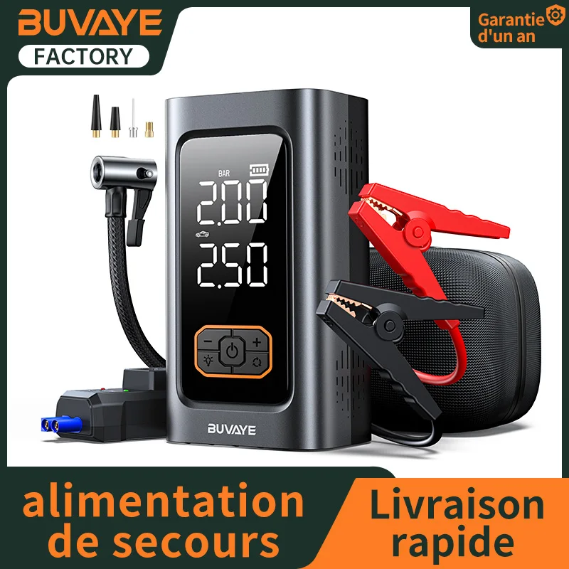 Booster démarrage d'urgence Pompe à air portable 10 000 mAh Auto 12V véhicule électrique/diesel/essence BUVAYE