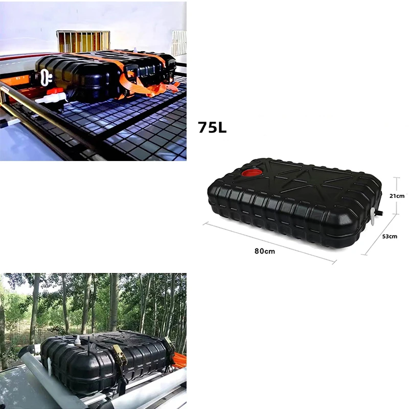Réservoir de stockage d'eau de voyage 75 L, réservoir d'eau domestique, carré plat pour toit de camping-car, noir, épaissi