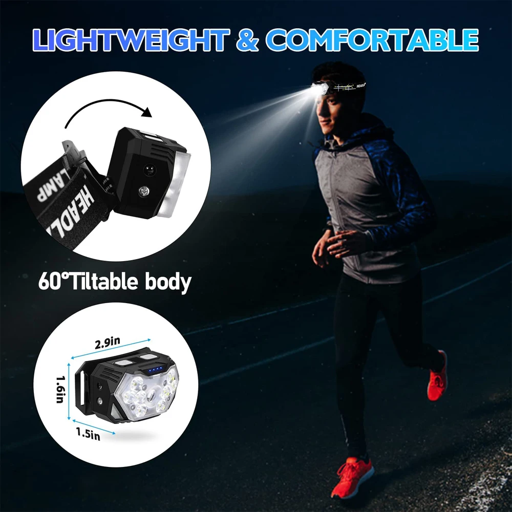 Lampe frontale à 9 LED puissante, rechargeable par USB, capteur de mouvement – Image 5