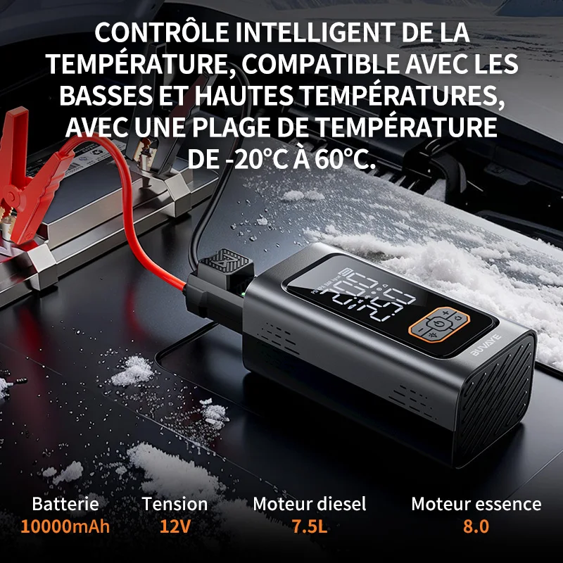Booster démarrage d'urgence Pompe à air portable 10 000 mAh Auto 12V véhicule électrique/diesel/essence BUVAYE – Image 2
