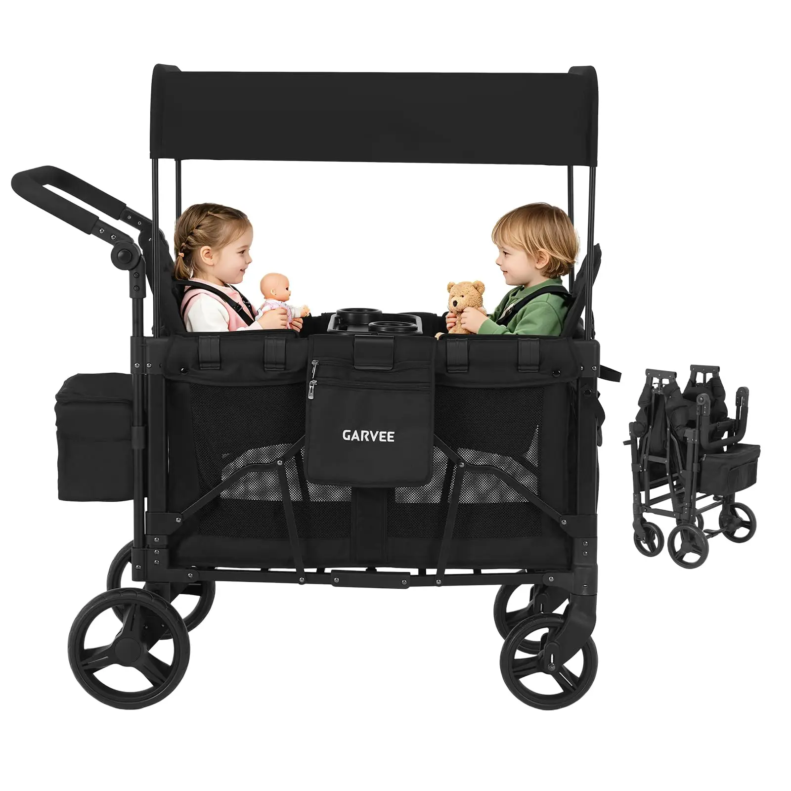 2 en 1 Poussette pliable 2 places pour bébé, chariot de plage tout-terrain harnais à 5 points 60 kg maxi