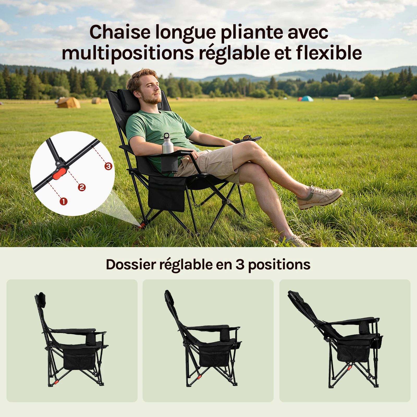 Chaise de LUXE camping pliante 1/2 pièces avec dossier réglable poches latérales porte-gobelet Appuie-tête convertible 150 KG WOLTU – Image 3