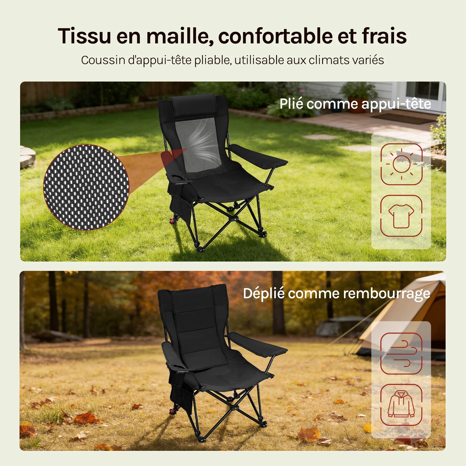 Chaise de LUXE camping pliante 1/2 pièces avec dossier réglable poches latérales porte-gobelet Appuie-tête convertible 150 KG WOLTU – Image 4
