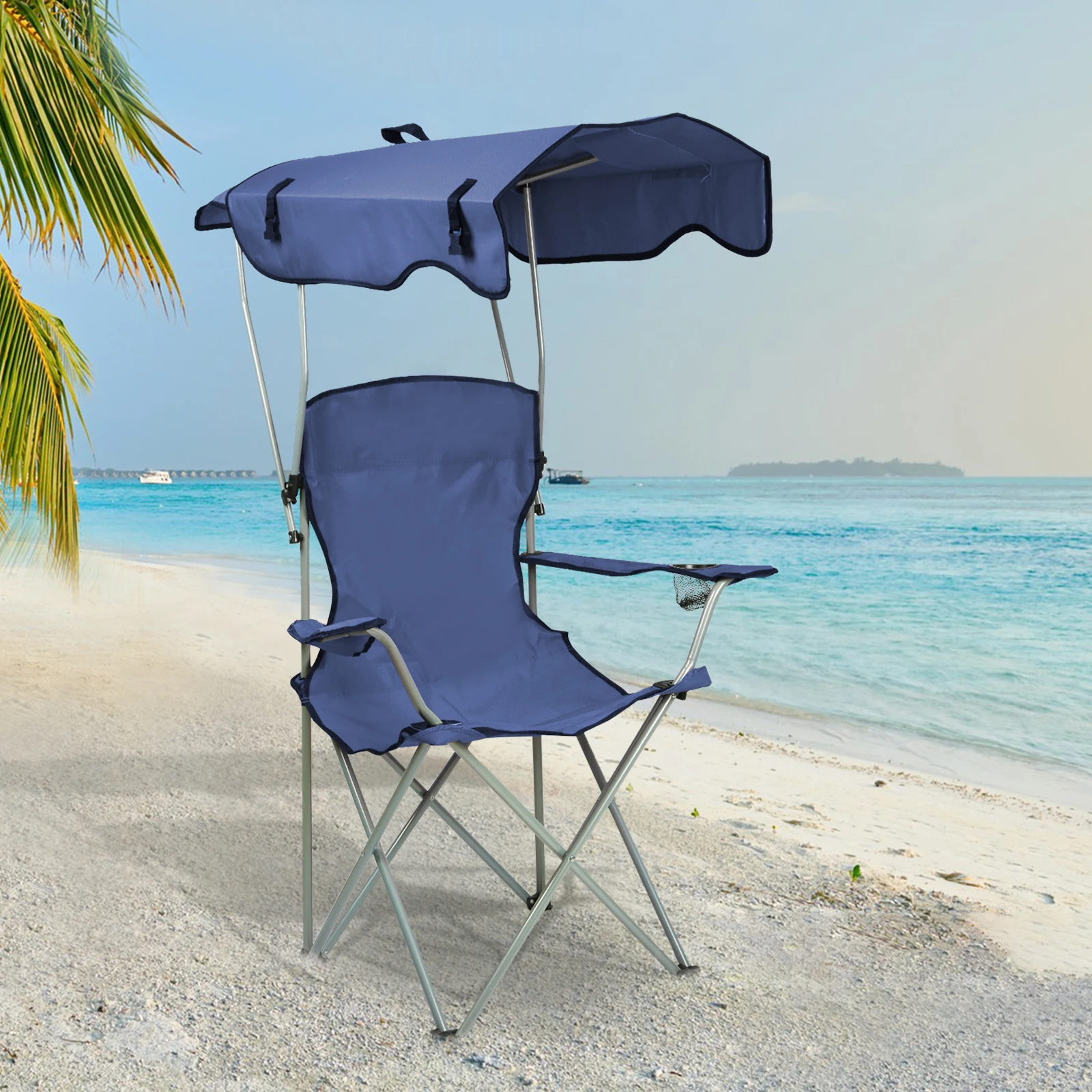 Chaise pliante avec pare-soleil bleu/rouge/noir – Image 6