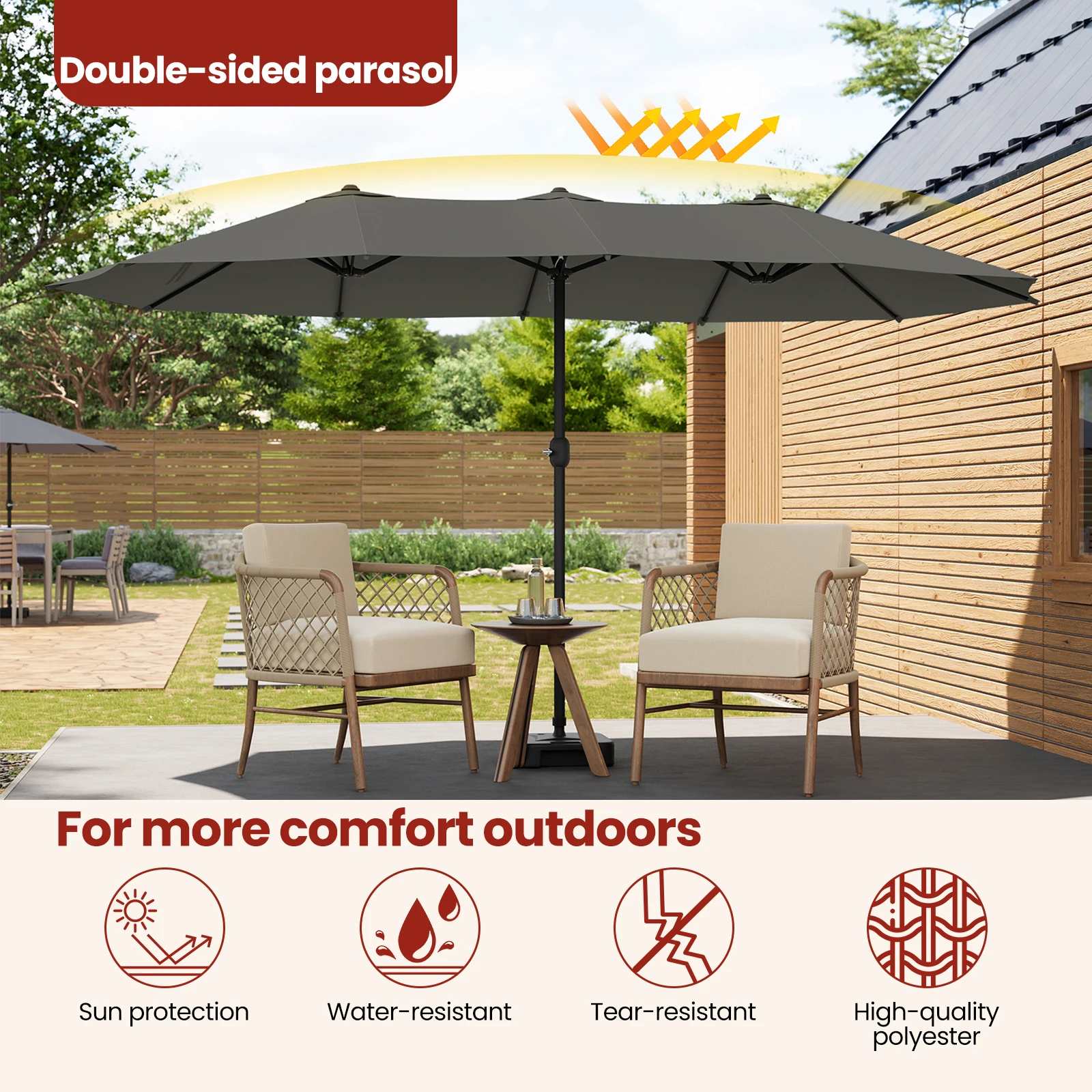parasol triple spatieux protection solaire, UPF 50+ avec manivelle 390 x 200/450 x 267 cm EUGAD – Image 5