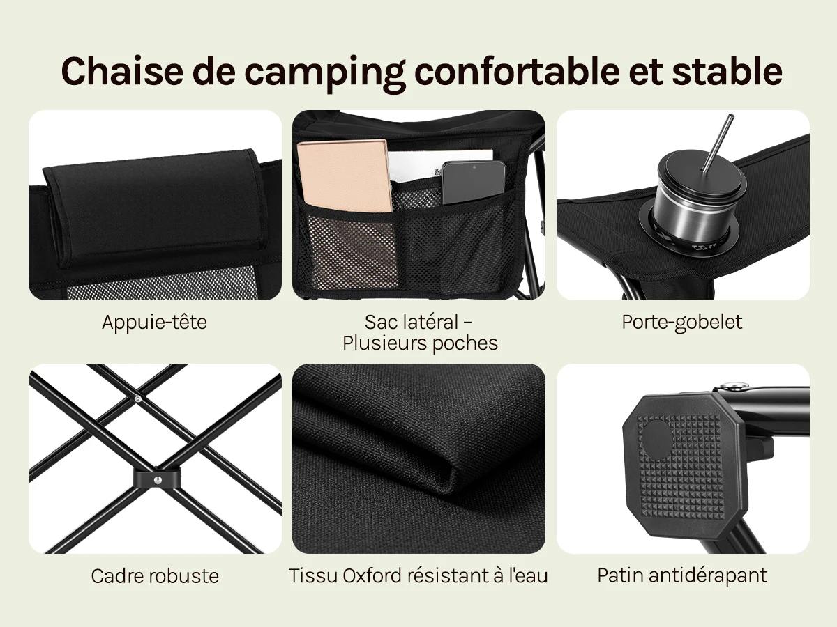 Chaise de LUXE camping pliante 1/2 pièces avec dossier réglable poches latérales porte-gobelet Appuie-tête convertible 150 KG WOLTU – Image 5