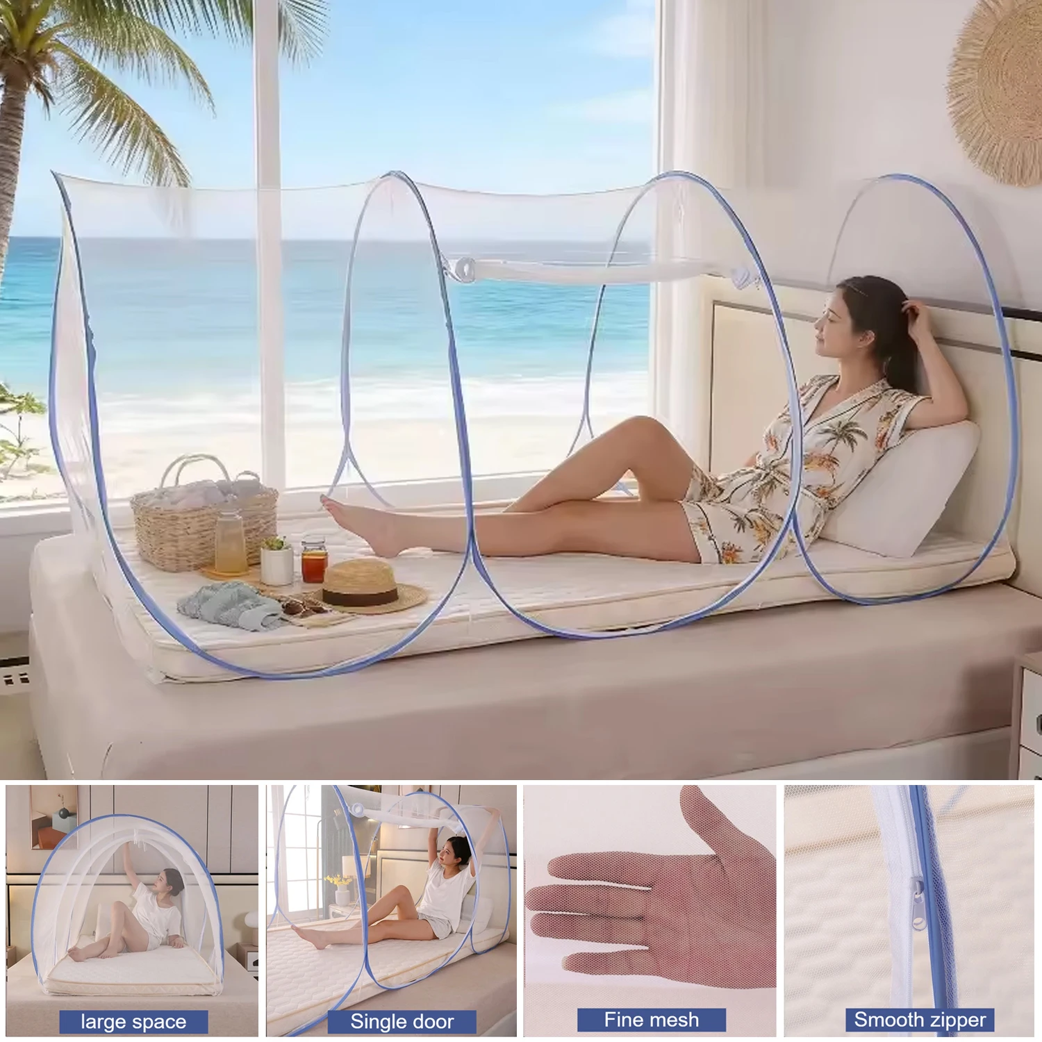 360 ° Moustiquaire de protection respirante en maille pour lit simple, moustiquaire pop-up pliable facile à installer
