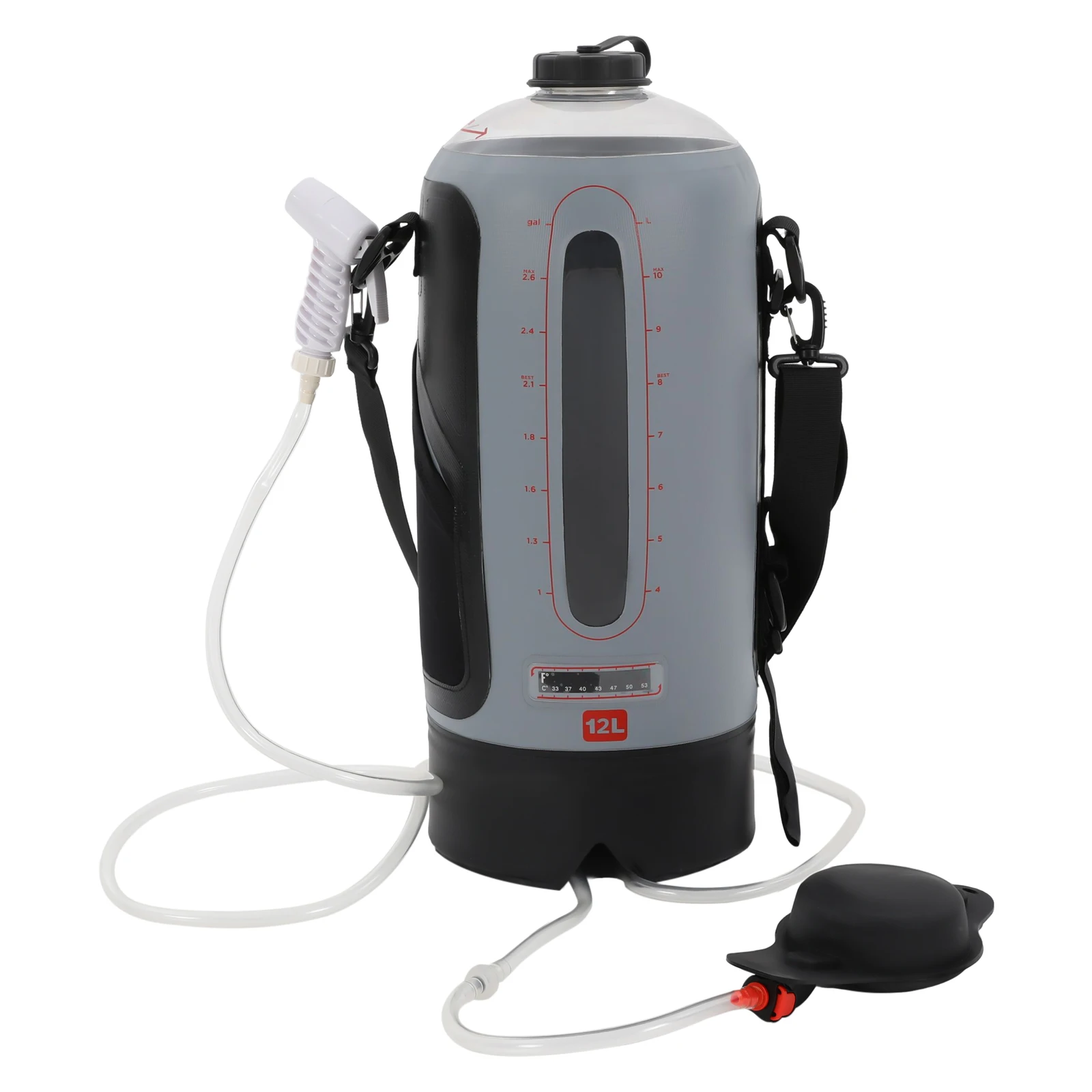 Douche de camping portable 12 L, à pression mains libres, chauffant solaire avec tuyau et valve marche/arrêt