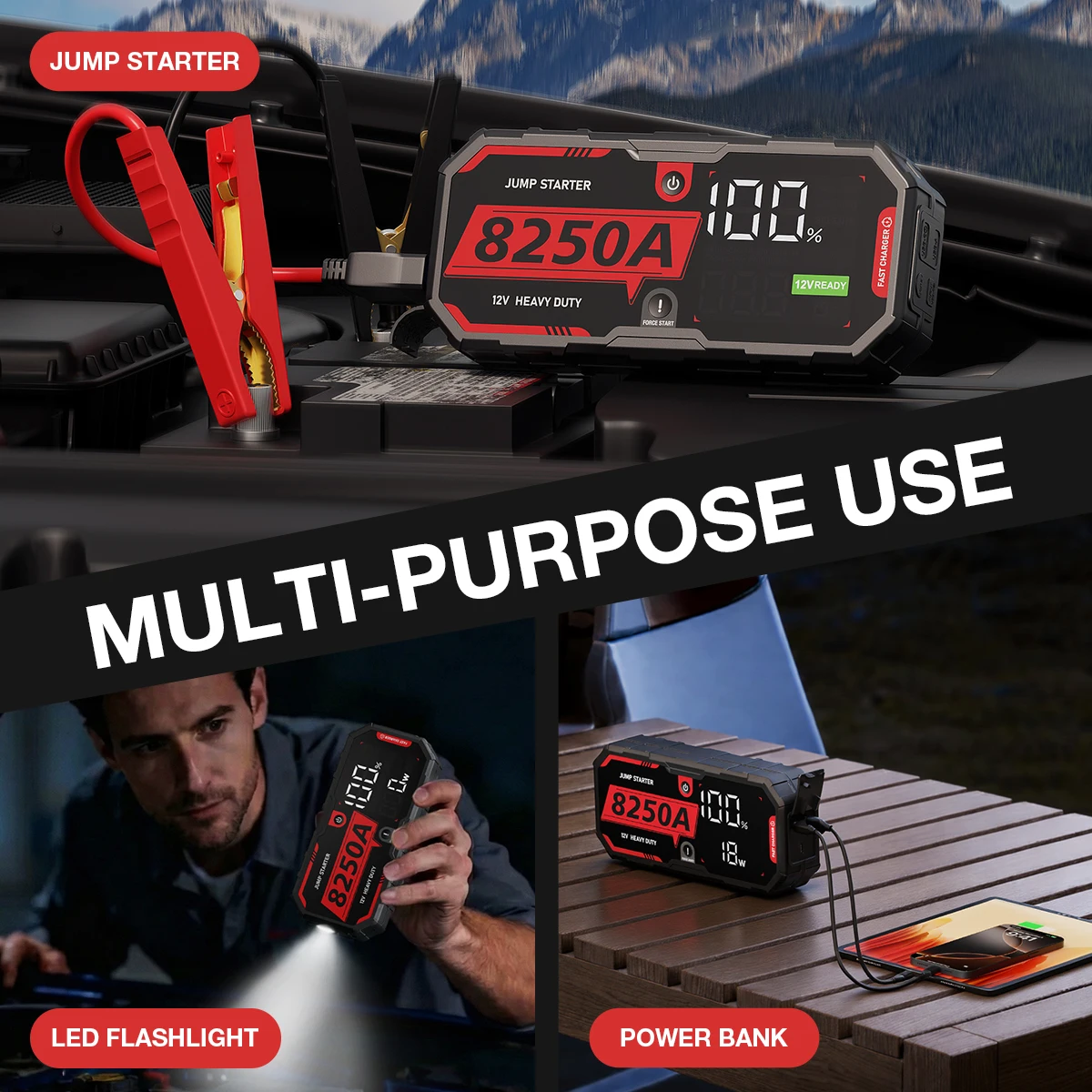 Démarreur robuste de luxe, amplificateur de batterie 12 V, batterie externe portable pour 4x4 tout-terrainAdoreTrip 8250A – Image 6