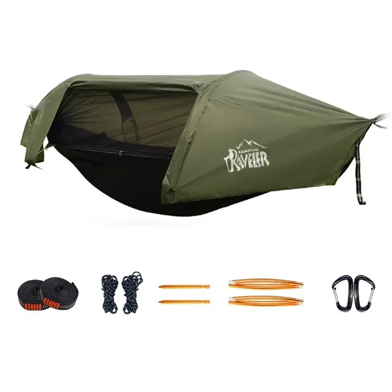 Hamac tunnel 3 en 1 anti-moustiques imperméable - Tente d'appoint entre arbre pour camping en solo, protection légère 200kg – Image 10