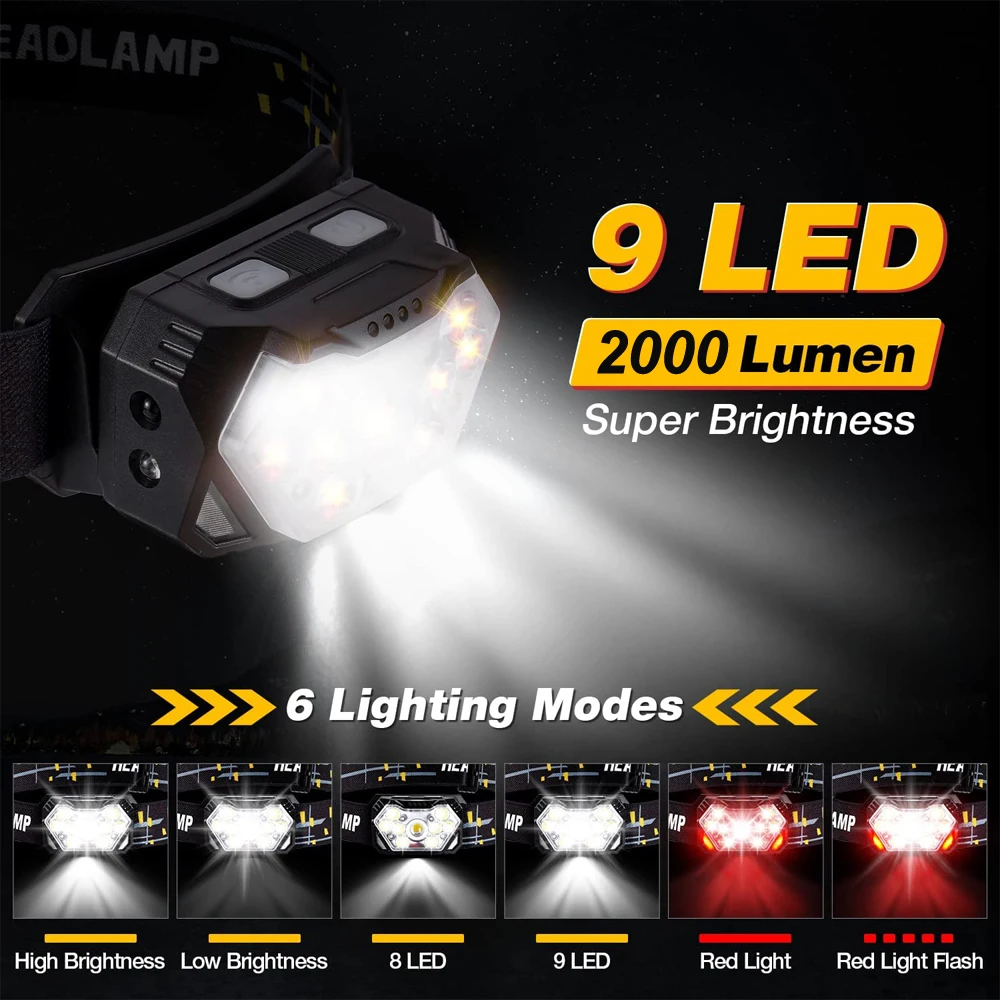 Lampe frontale à 9 LED puissante, rechargeable par USB, capteur de mouvement – Image 2