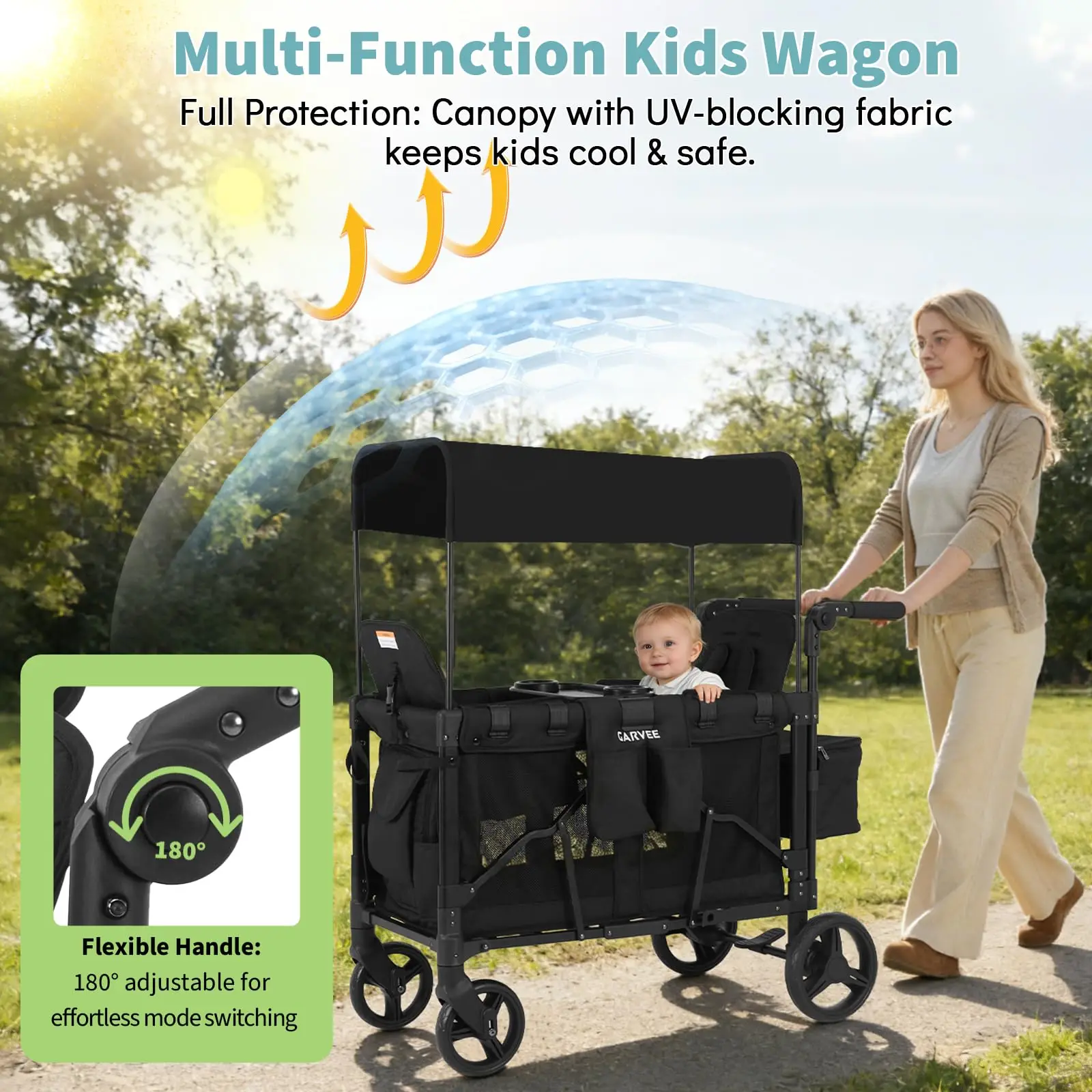 2 en 1 Poussette pliable 2 places pour bébé, chariot de plage tout-terrain harnais à 5 points 60 kg maxi – Image 3