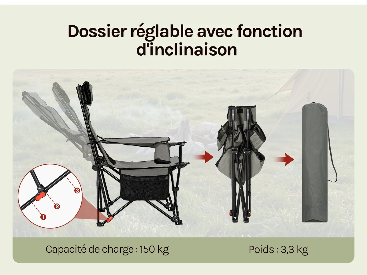 Chaise de LUXE camping pliante 1/2 pièces avec dossier réglable poches latérales porte-gobelet Appuie-tête convertible 150 KG WOLTU – Image 7