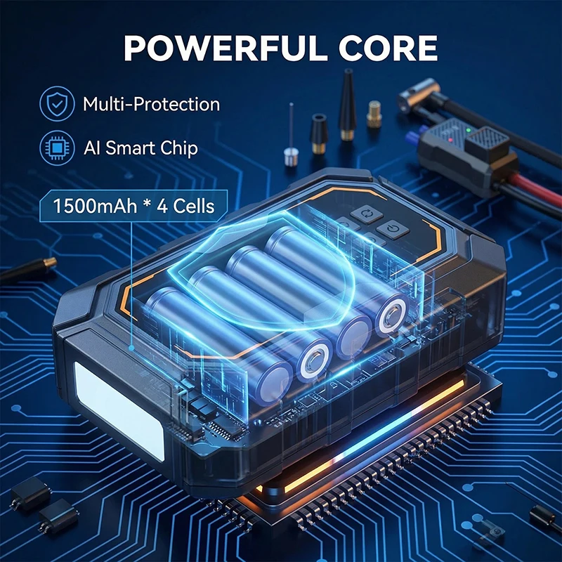 Démarreur de voiture portable 4 en 1 (Éclairage LED Compresseur gonflage et chargeur auto) 12 V – Image 4