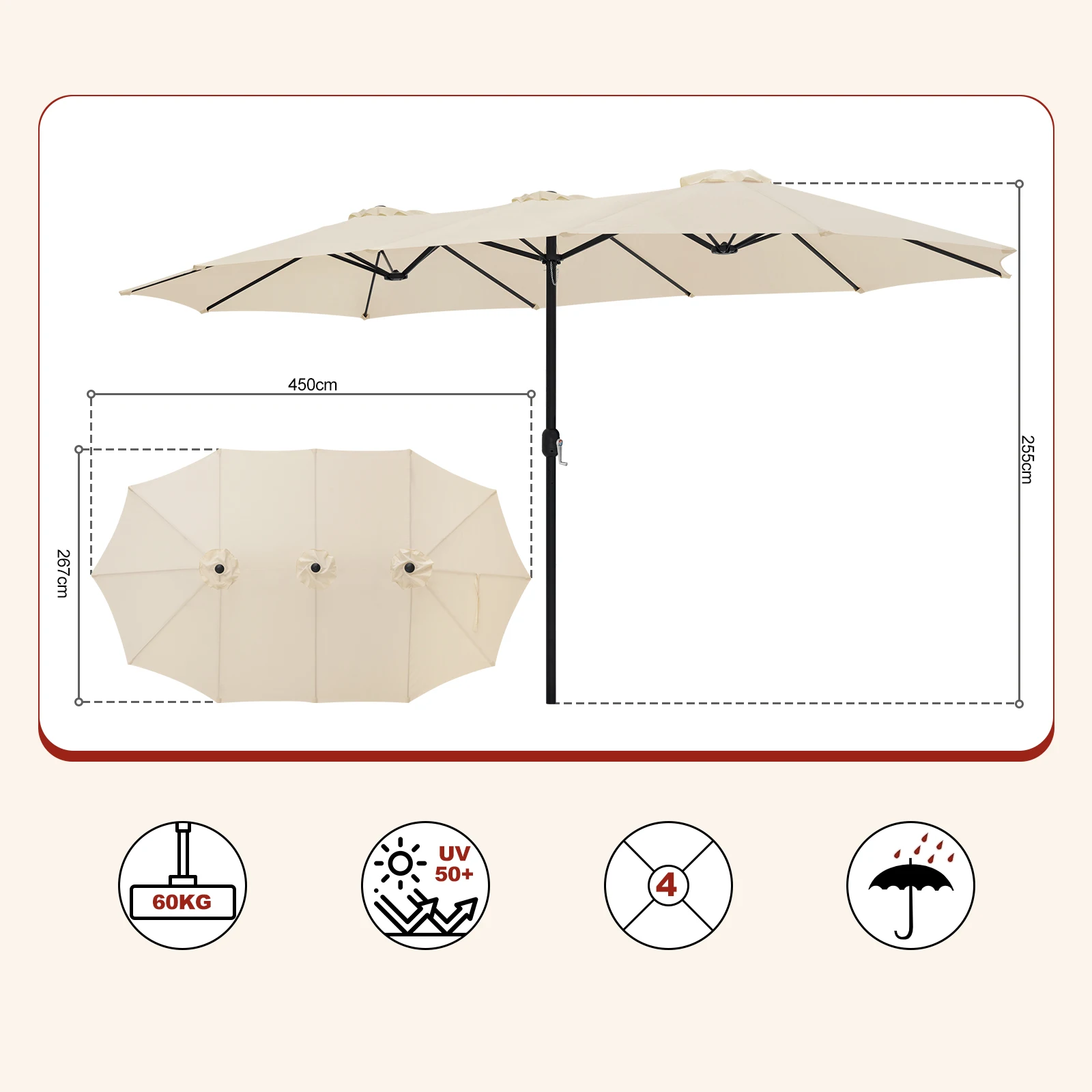 parasol triple spatieux protection solaire, UPF 50+ avec manivelle 390 x 200/450 x 267 cm EUGAD – Image 7