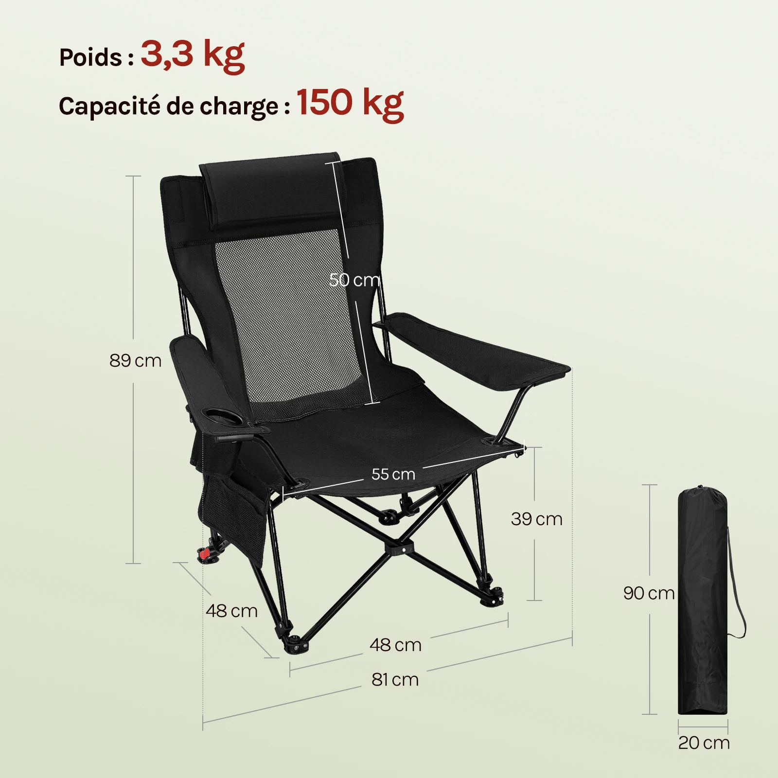 Chaise de LUXE camping pliante 1/2 pièces avec dossier réglable poches latérales porte-gobelet Appuie-tête convertible 150 KG WOLTU – Image 8