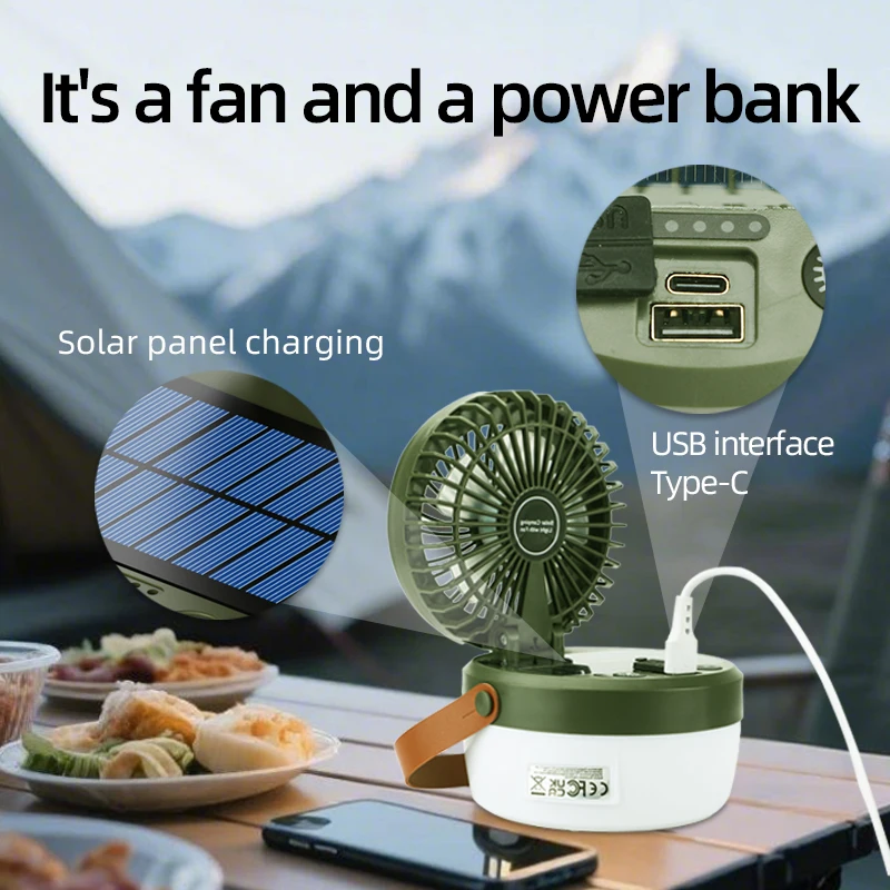 Ventilateur portable USB éclairage de tente LED multifonctionnel de camping d'extérieur électrique solaire – Image 4