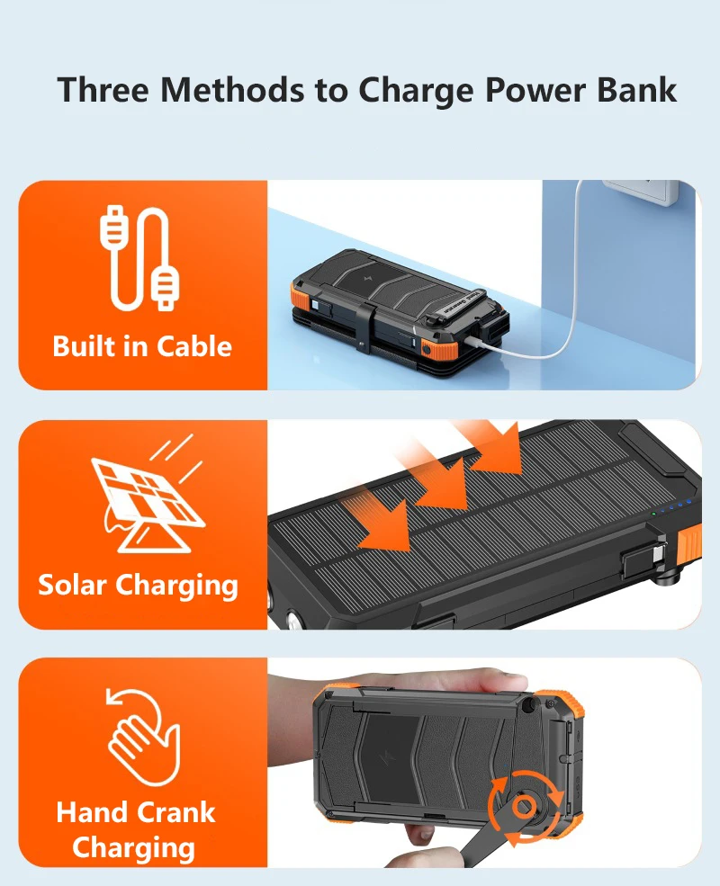 batterie/chargeur rapide solaire sans fil 20000mAh (6 panneaux solaires) manivelle – Image 19